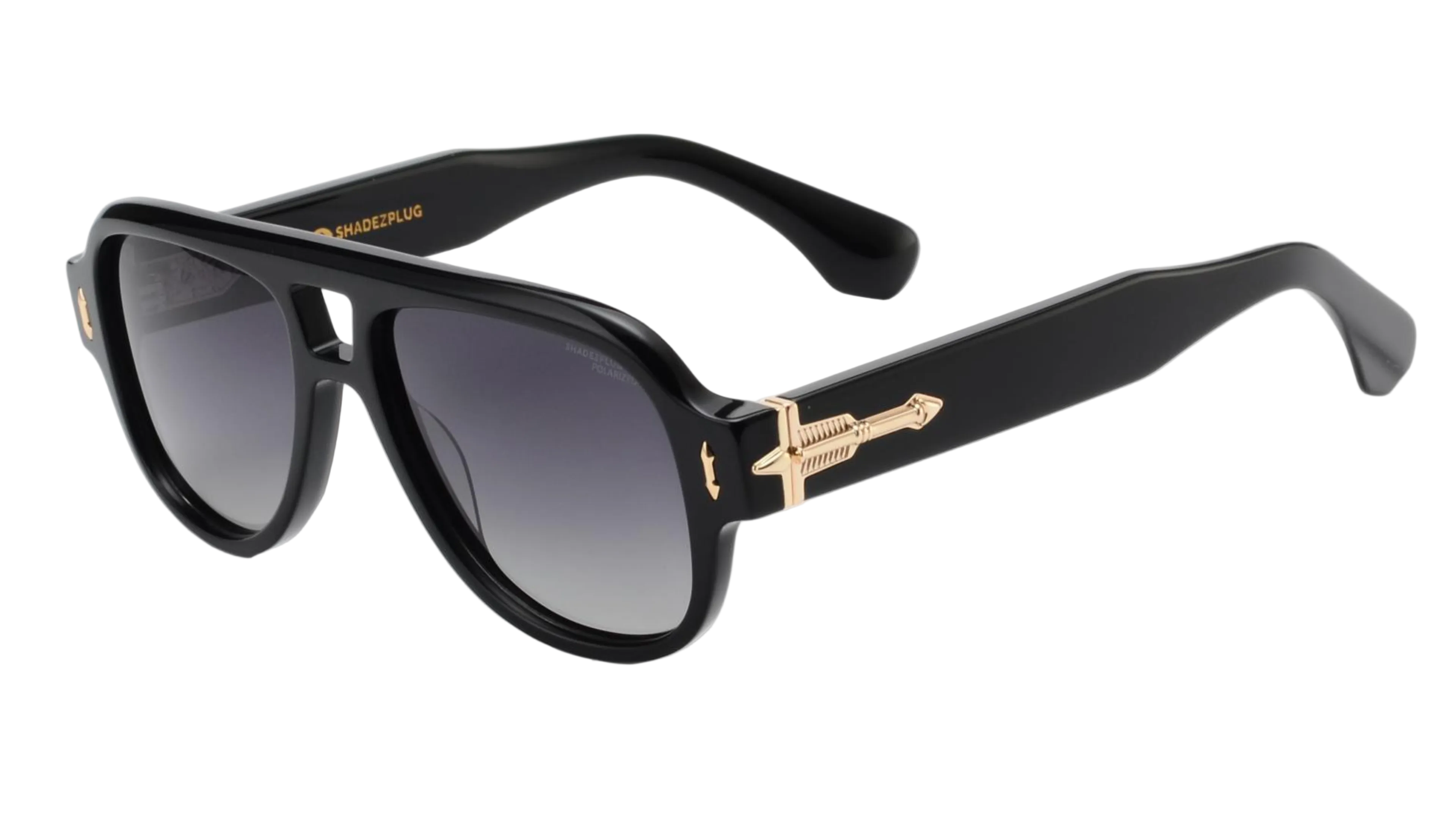 Black sunglasses with gold accents on a white background