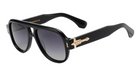 Black sunglasses with gold accents on a white background
